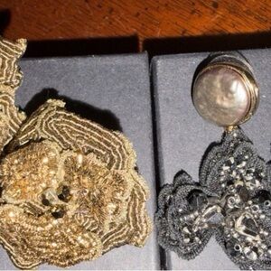 Two Pair of Elegant Earrings Gold and Black Beaded & Embroidered